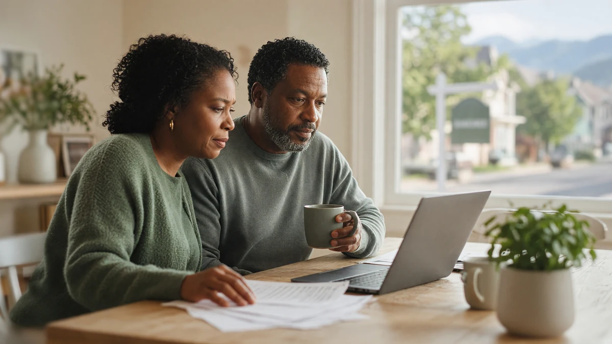 Contingent vs under contract Couple reviewing offer paperwork and a laptop at their kitchen table, with a real estate sign outside the window.